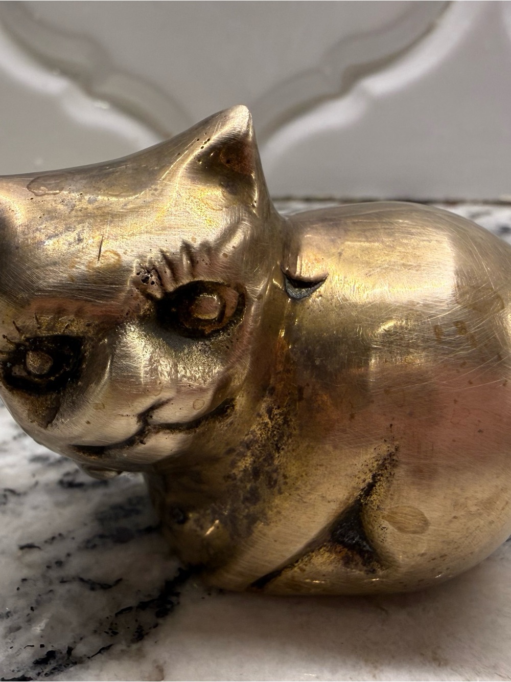 Vintage Solid Brass Crouching Cat Figurine with Detailed Eyelashes